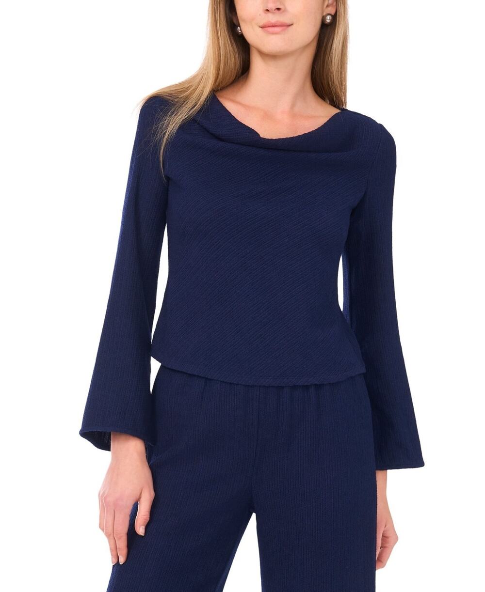 Sam & Jess Top Womens Small Navy Textured Long Slit Sleeve Cowl Neck Blouse NWT